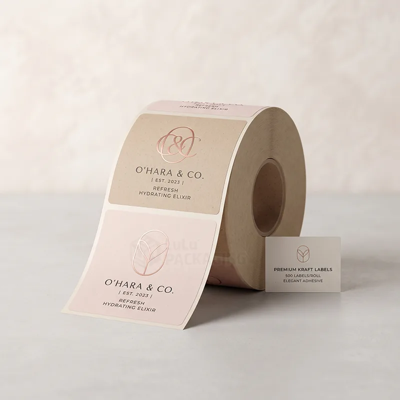 Roll of kraft and blush labels with rose gold foil monogram beside a small product card