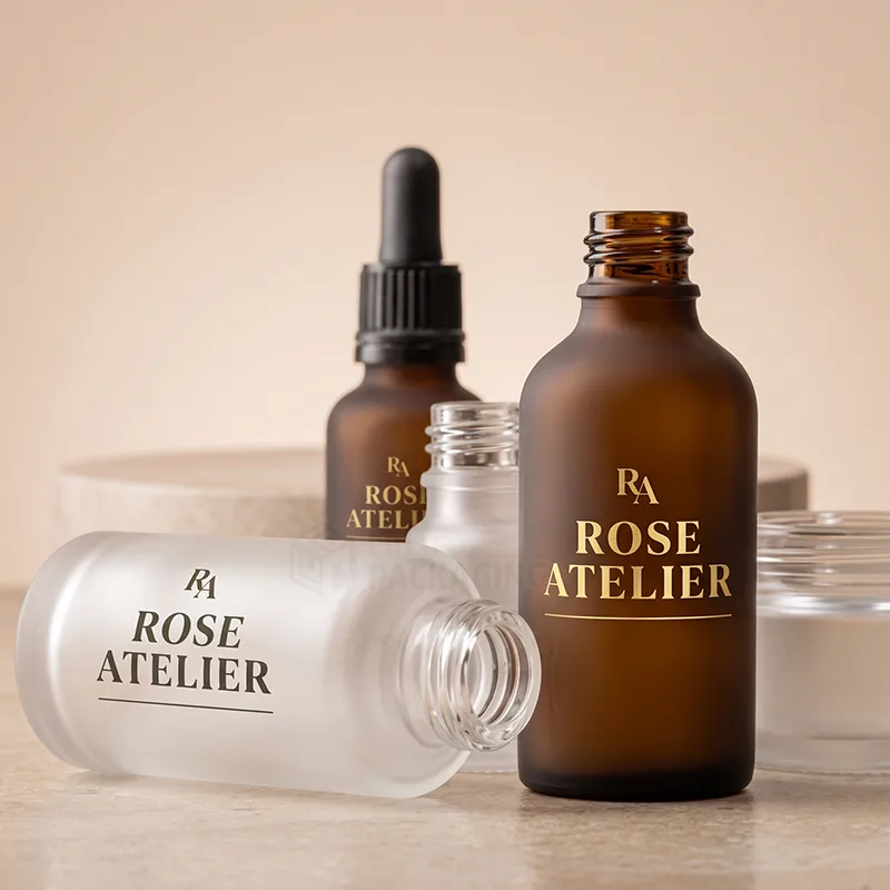 Frosted amber and frosted clear glass bottles with a dropper and gold and black printed logos