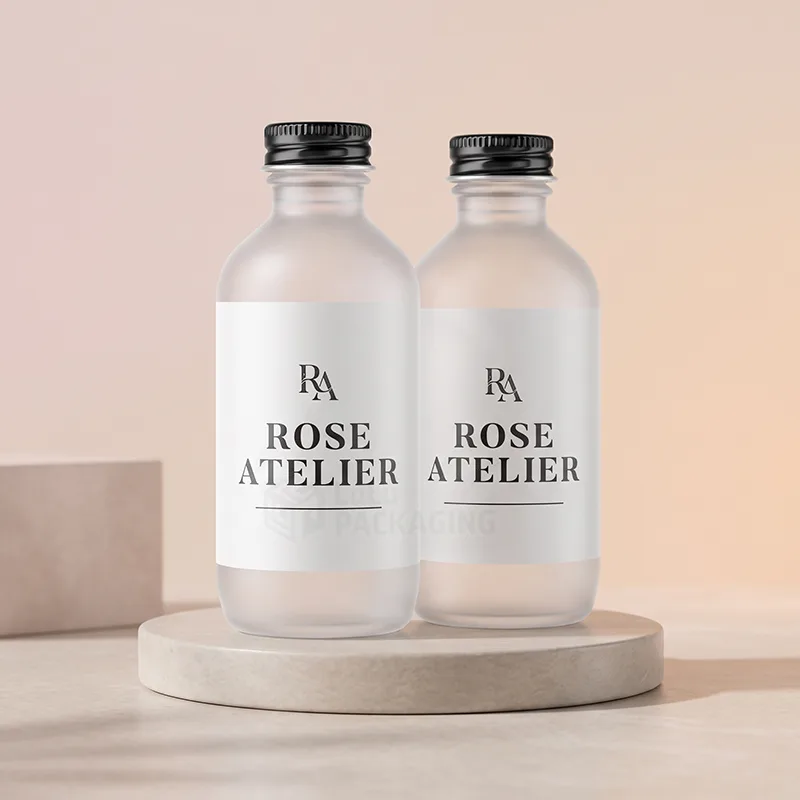 Two frosted glass bottles with black metal screw caps and white printed labels