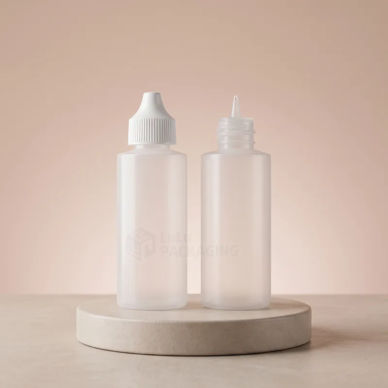 Two frosted plastic squeeze dropper bottles, one capped and one showing its fine nozzle tip