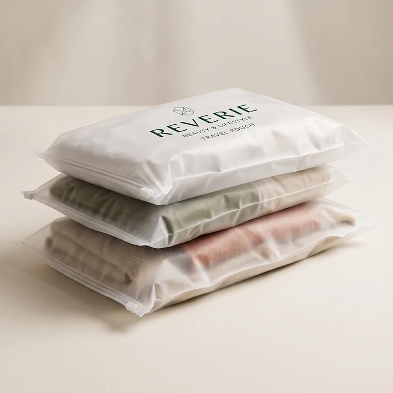 Stack of frosted zipper bags holding folded clothes with a printed logo
