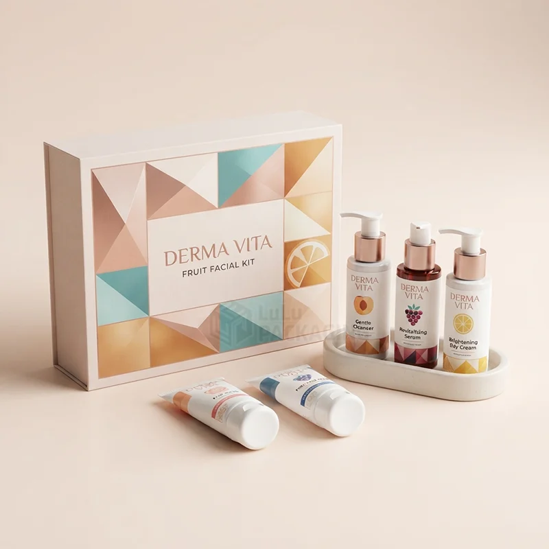 Pastel geometric facial kit box beside three pump bottles on a tray and two tubes