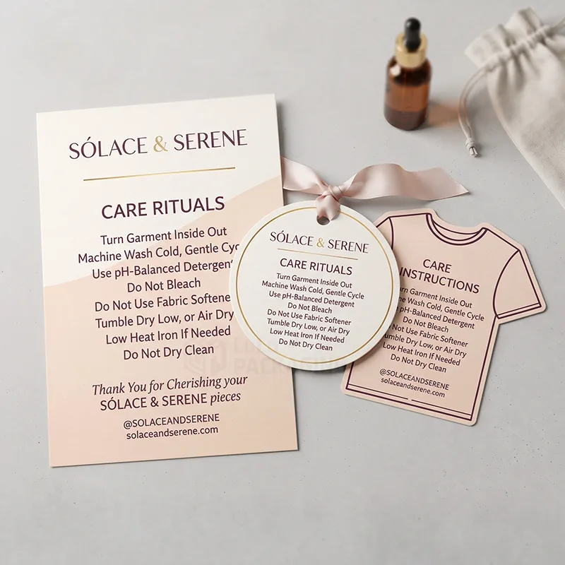 Garment care cards in three shapes: rectangle, round swing tag with ribbon and t-shirt die cut, beside a serum bottle