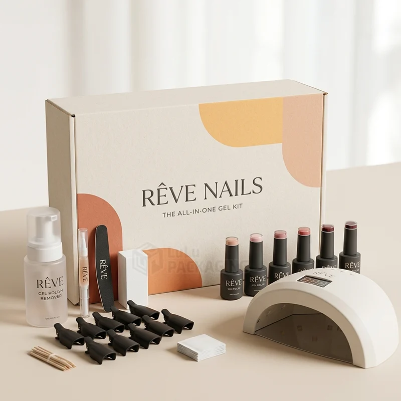 Printed gel nail kit mailer box surrounded by polishes, UV lamp, clips and remover