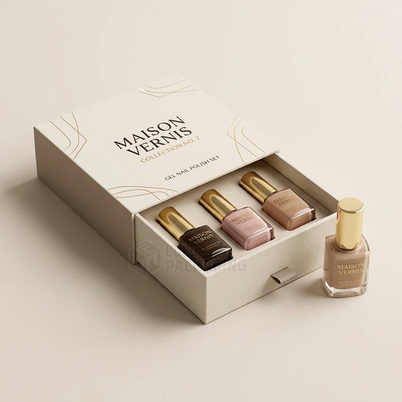 Cream drawer box with gold foil slid open to show three gel polish bottles beside a fourth
