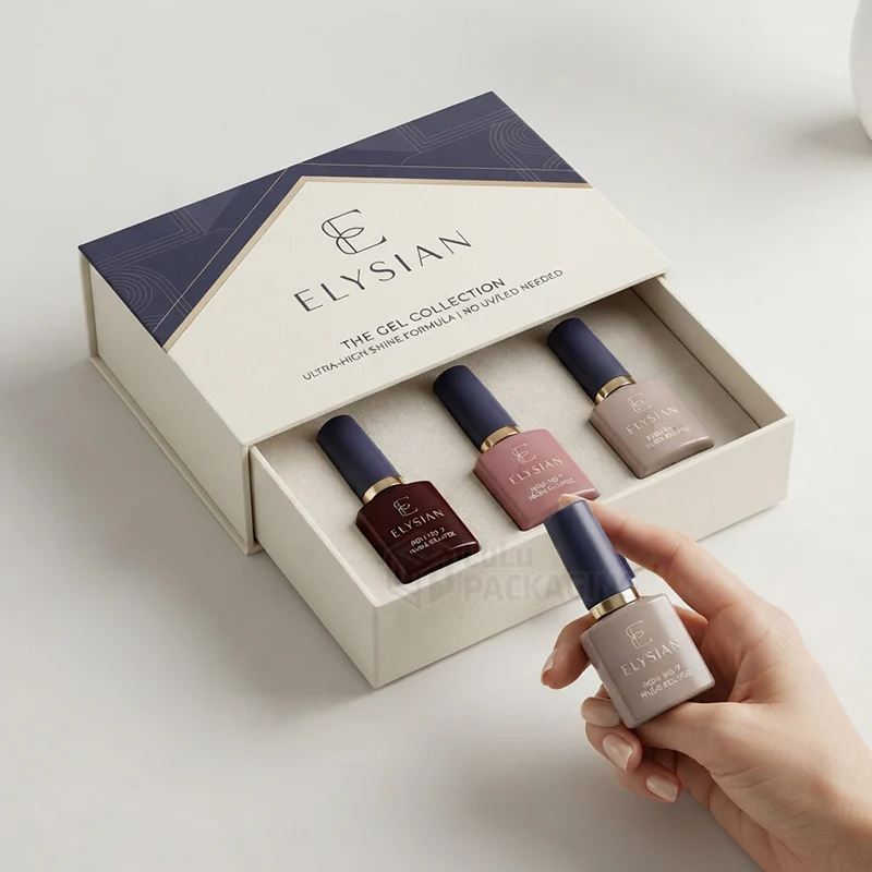 Navy and cream drawer box slid open to show gel polish bottles as a hand lifts one out