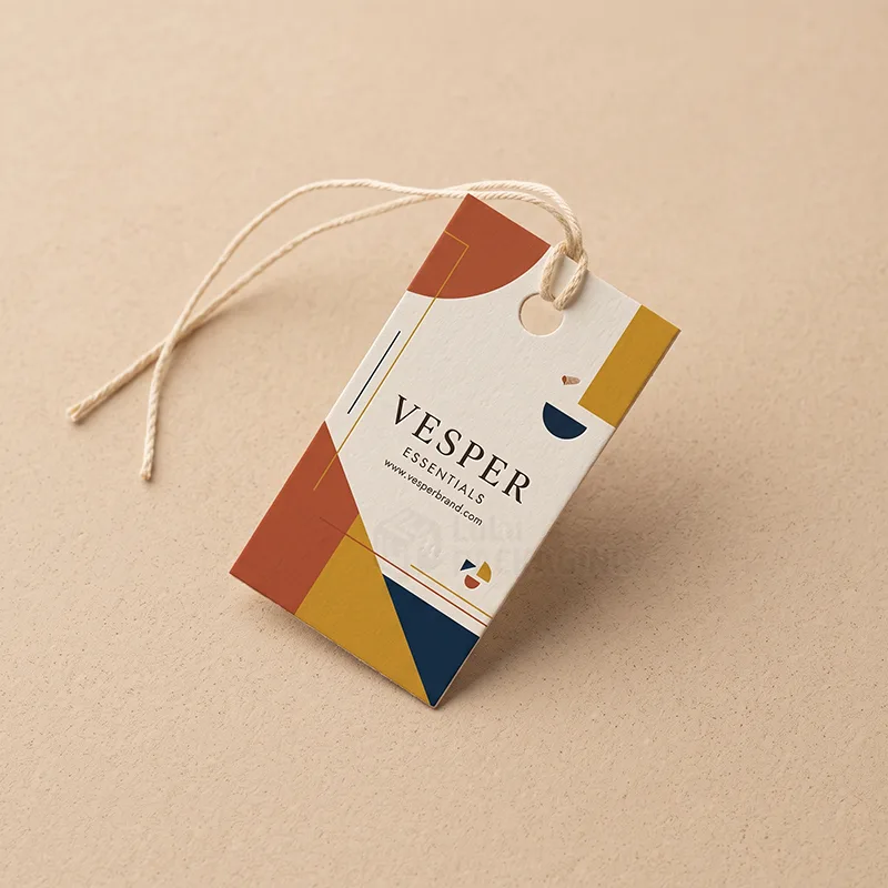 Hang tag with orange, mustard and navy geometric shapes and cotton string on a beige surface
