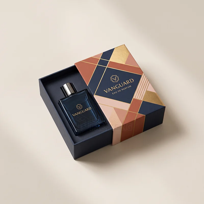 Navy cologne box with a geometric gold foil sleeve and a blue glass bottle in the tray