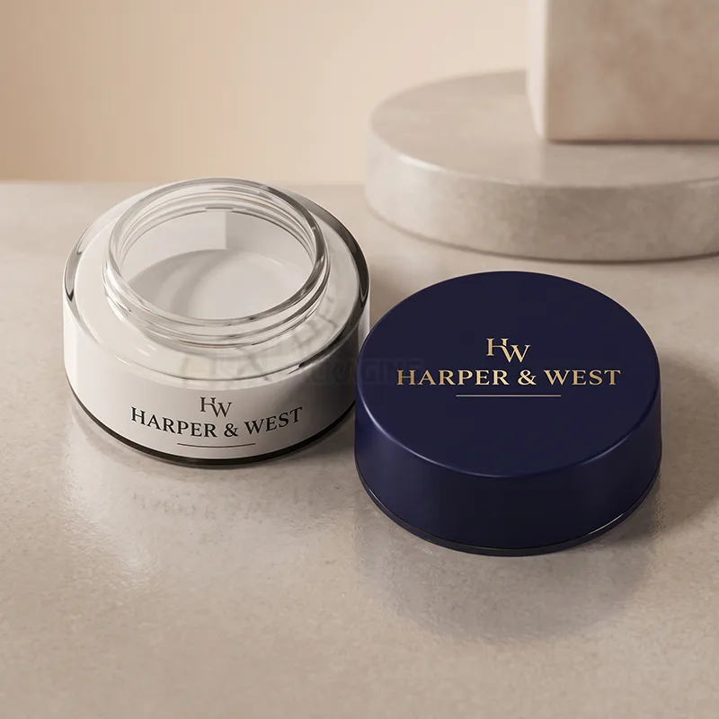 Thick wall glass cream jar beside its navy blue lid printed with a gold logo