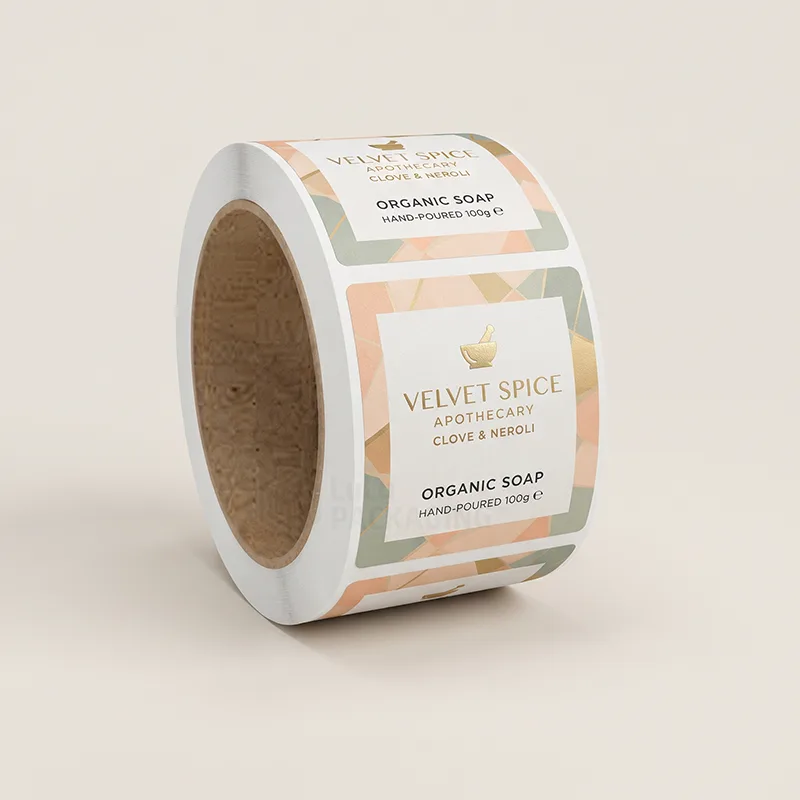 Roll of square organic soap labels with gold foil logo on a peach and sage pattern