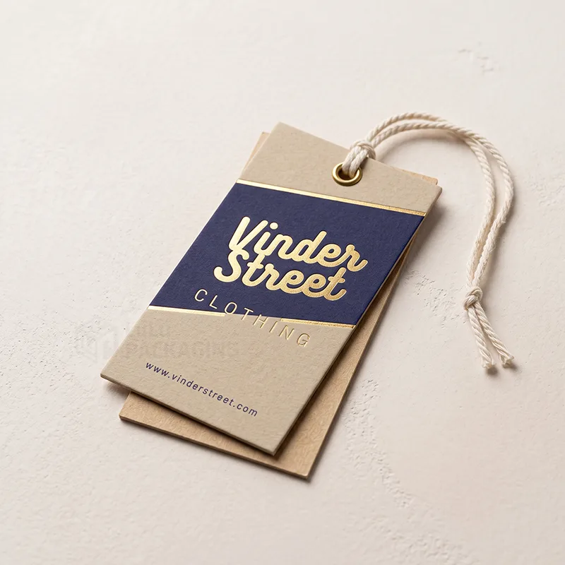 Layered kraft hang tag with a navy band and gold foil script logo, brass eyelet and cotton string