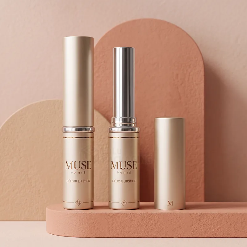 Slim champagne gold lipstick tubes with a silver inner sleeve and printed logo