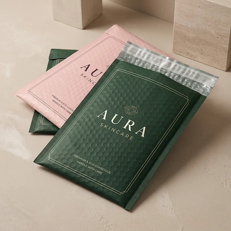Green and pink bubble mailers with foil logos and a bubble lined opening