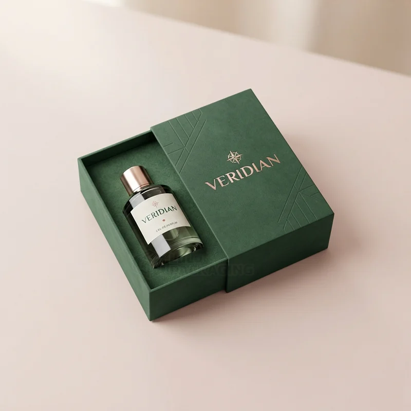 Green suede-finish cologne drawer box with a foil logo and a glass bottle in a recessed insert