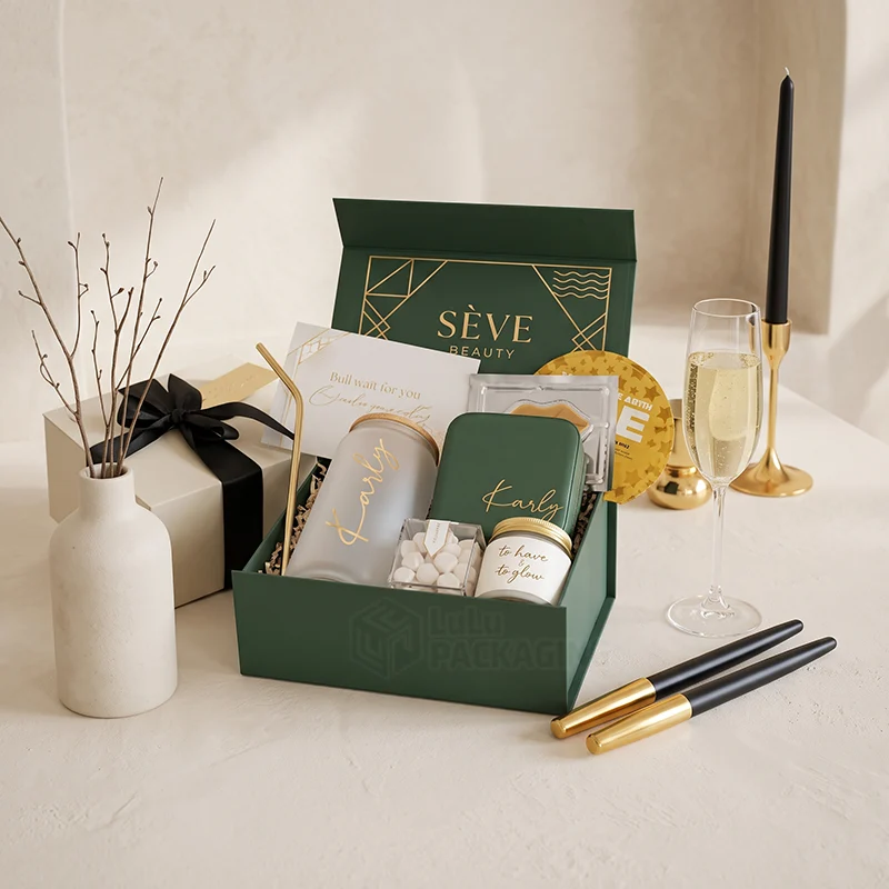 Green magnetic self care gift box with gold foil logo and personalised gifts inside