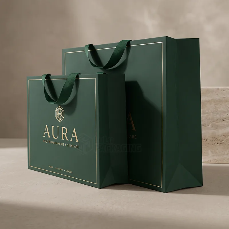 Two dark green paper shopping bags with matching ribbon handles and a gold foil logo and border