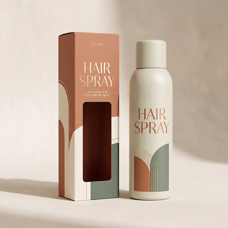 Tall hair spray box with arch print, gold foil lettering and a die-cut window beside the can