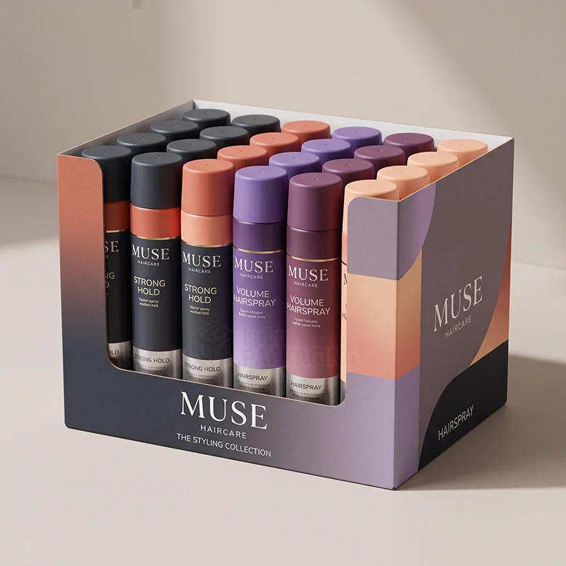 Printed counter display box filled with rows of hair spray cans