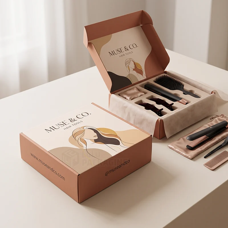 Printed hair tool mailer boxes, one open showing a straightener and brush in a fitted insert