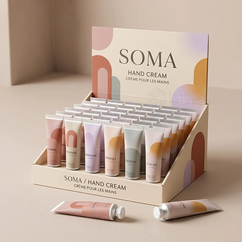 Printed counter display box filled with rows of hand cream tubes