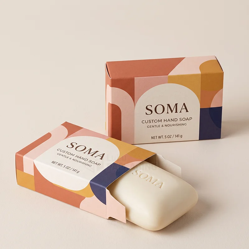 Two printed hand soap bar boxes, one with the soap bar sliding out