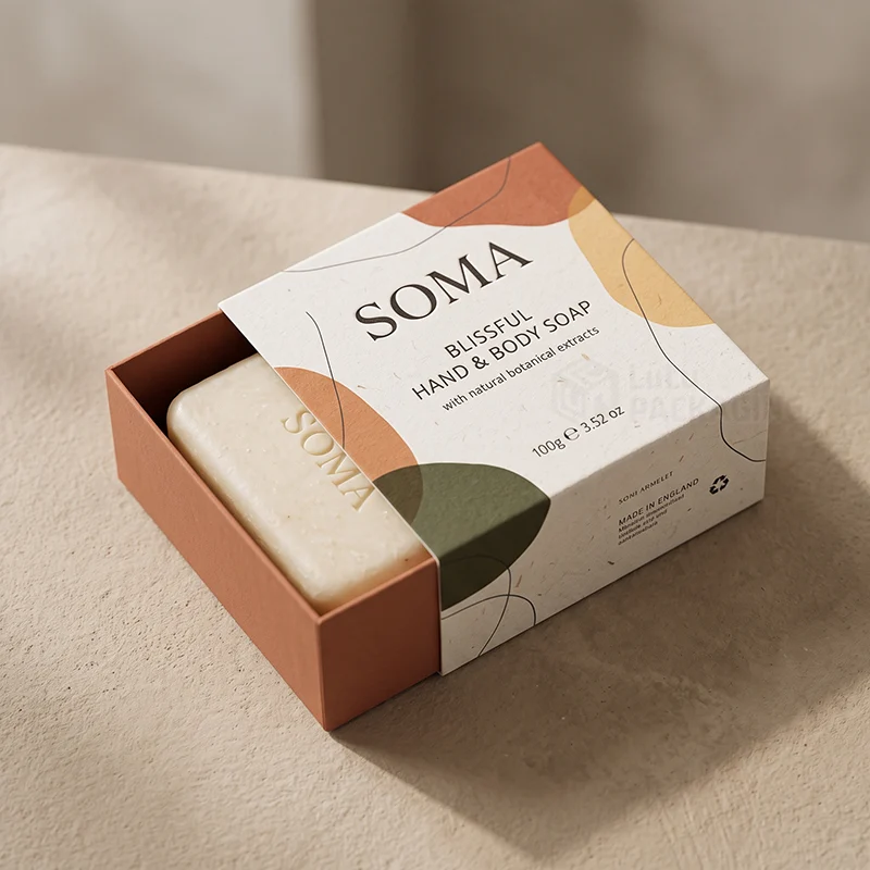 Terracotta hand soap drawer box with a printed paper sleeve and a bar of soap inside