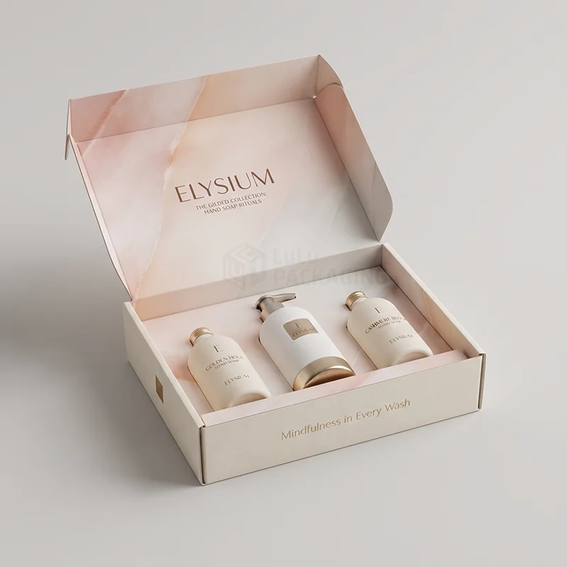 Blush printed mailer box open to show three hand soap bottles in an insert