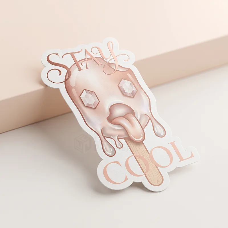 Die-cut white sticker with a rose gold melting ice lolly face and 'Stay Cool' lettering
