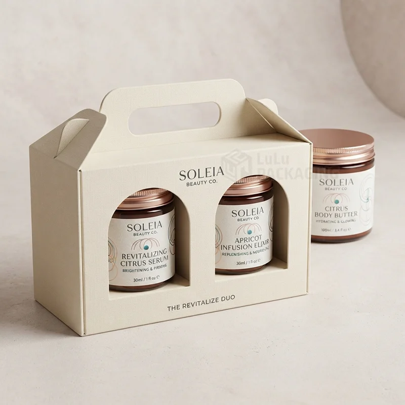Cream carry box with handle and two arched windows showing amber jars