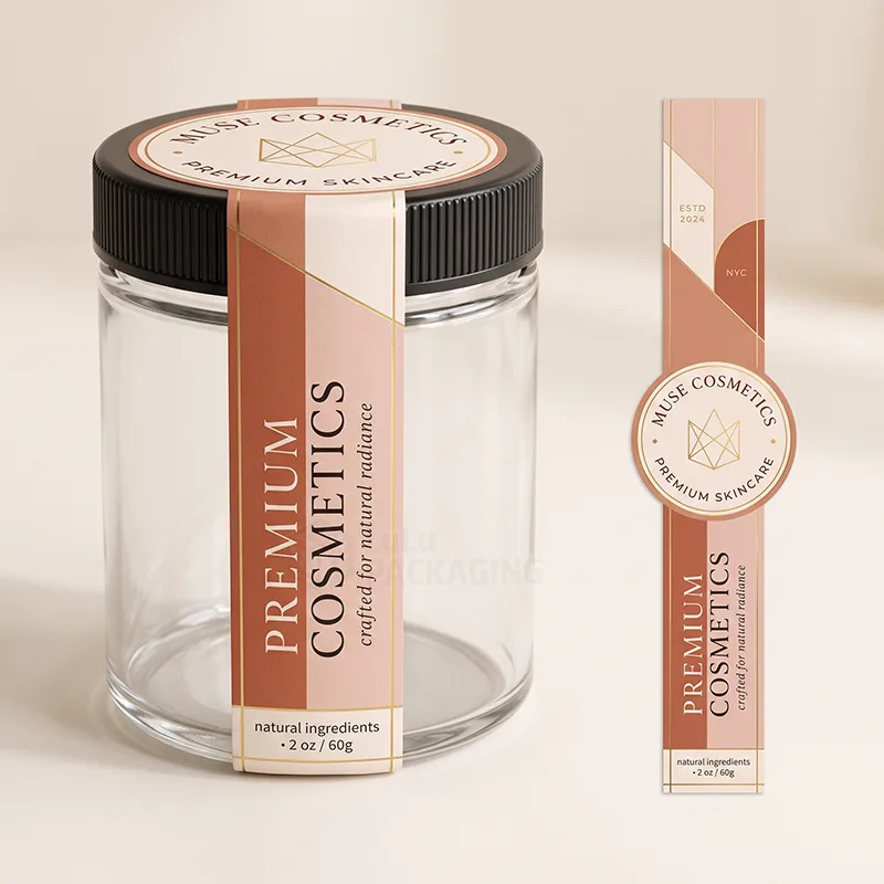 Clear glass jar with a pink strip seal sticker running over the black lid and down the side, with a flat strip beside it