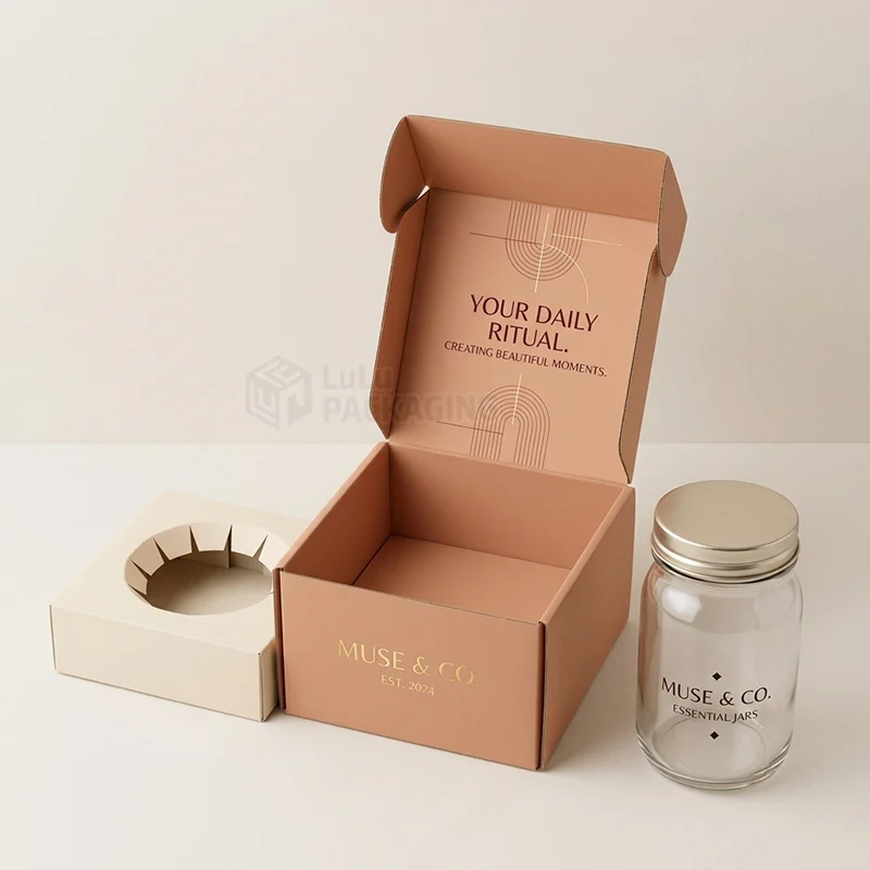 Open peach mailer box with gold foil text, round insert and a glass jar