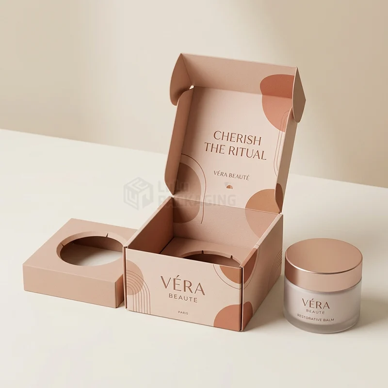 Open printed mailer box with a die-cut jar insert beside a cream jar