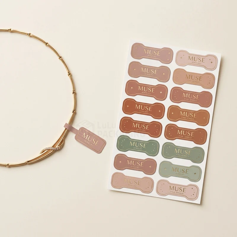 Sheet of foil logo jewellery label stickers with one wrapped around a gold necklace