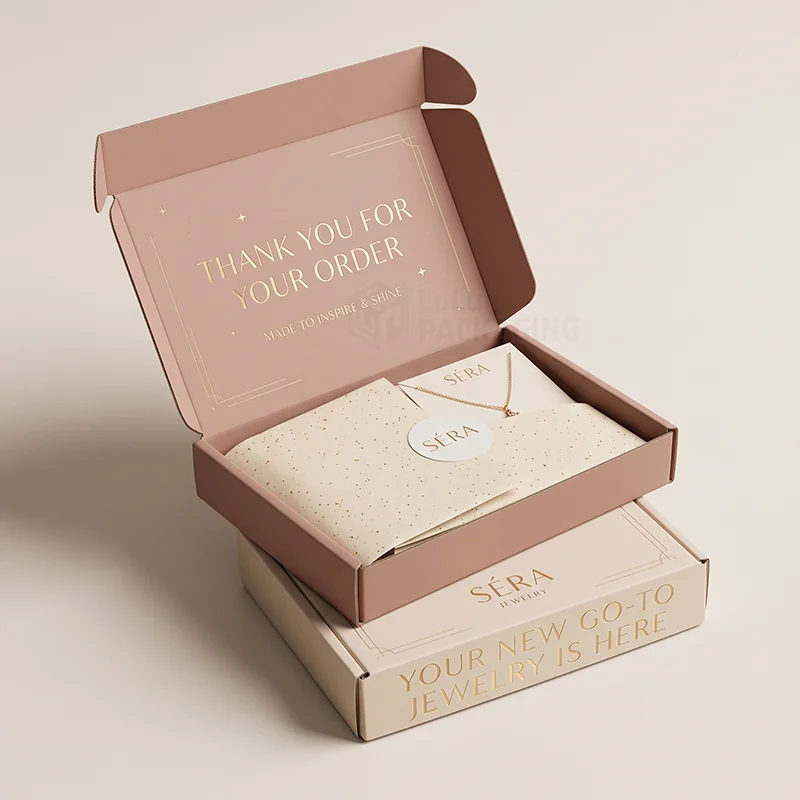 Pink jewellery mailer with a gold thank-you message inside and a necklace wrapped in tissue