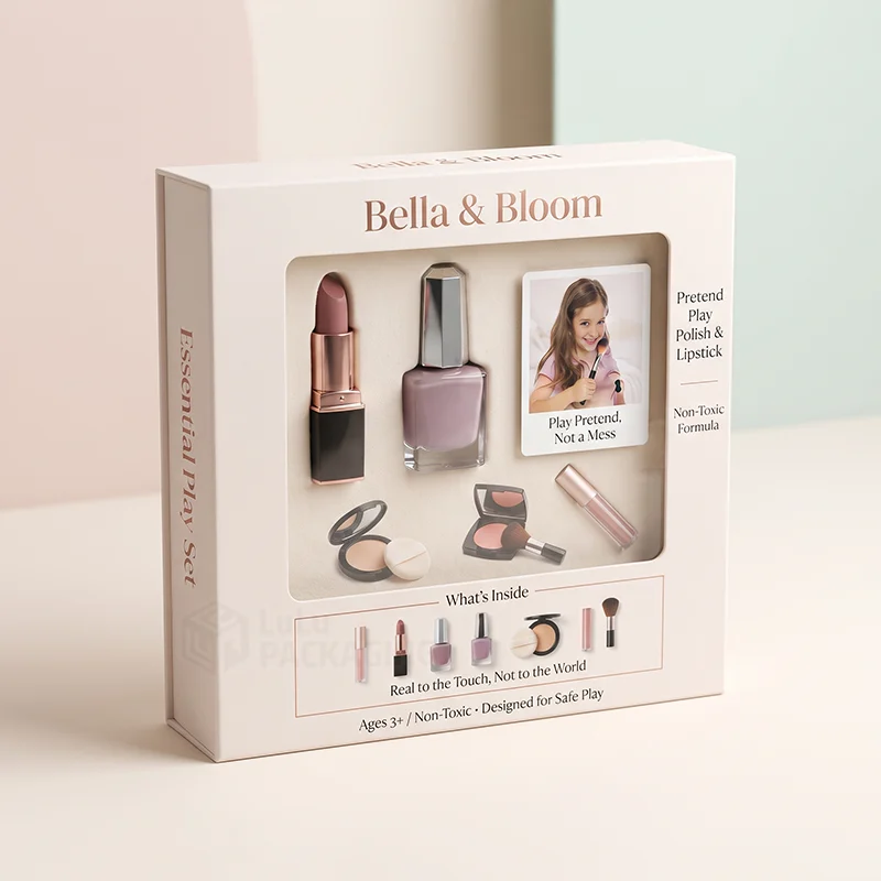 White makeup play set box with a window showing lipstick, polish and compacts