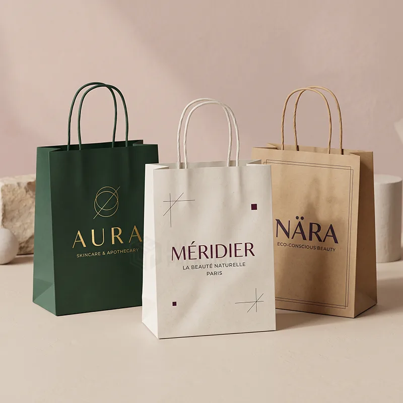 Green, white, and brown kraft paper bags with twisted handles