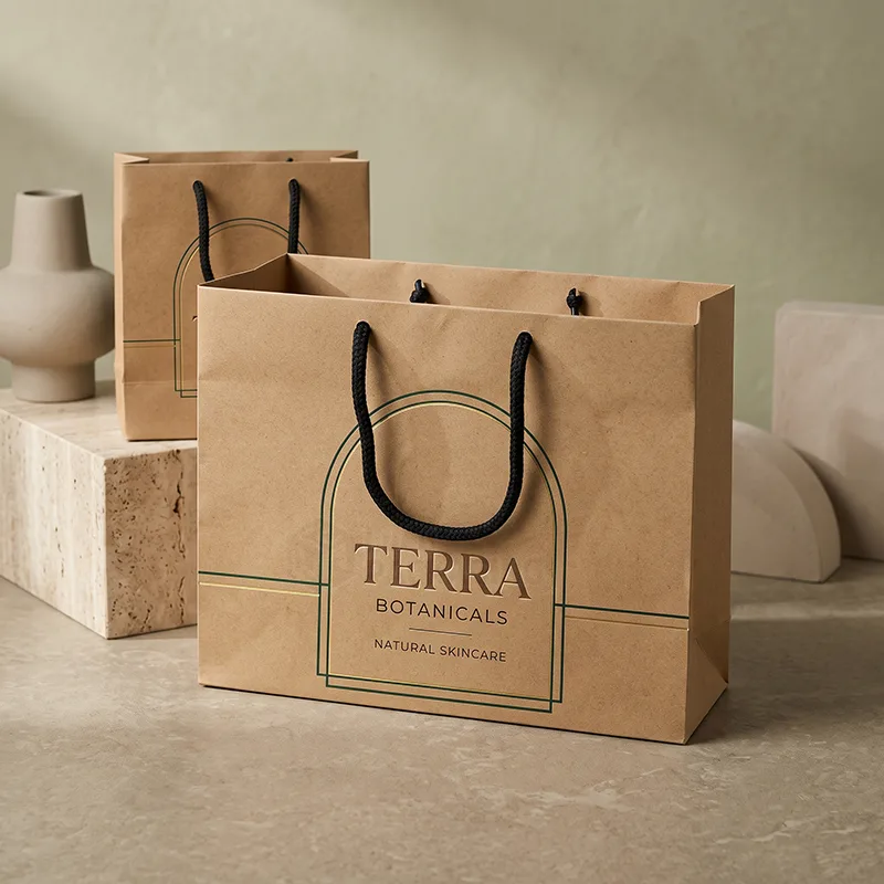 Brown kraft paper shopping bags with black rope handles