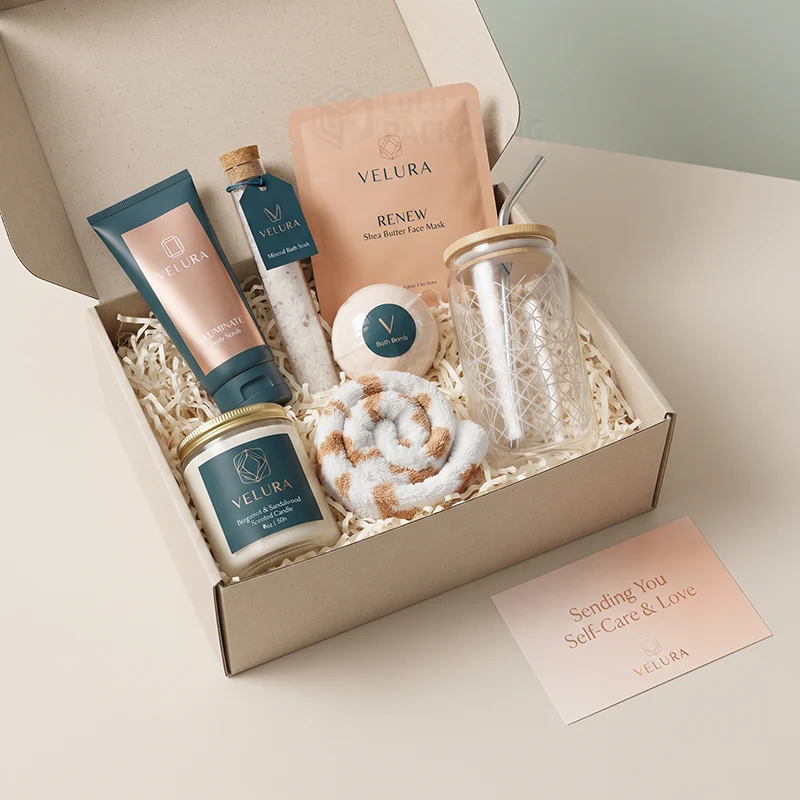 Kraft mailer box filled with self care items, a rolled towel and a printed gift card