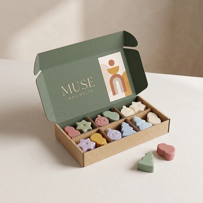 Kraft wax melt mailer box with green printed lid and dividers holding festive shaped melts
