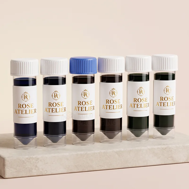 Row of six sample vials with printed labels and white and blue screw caps