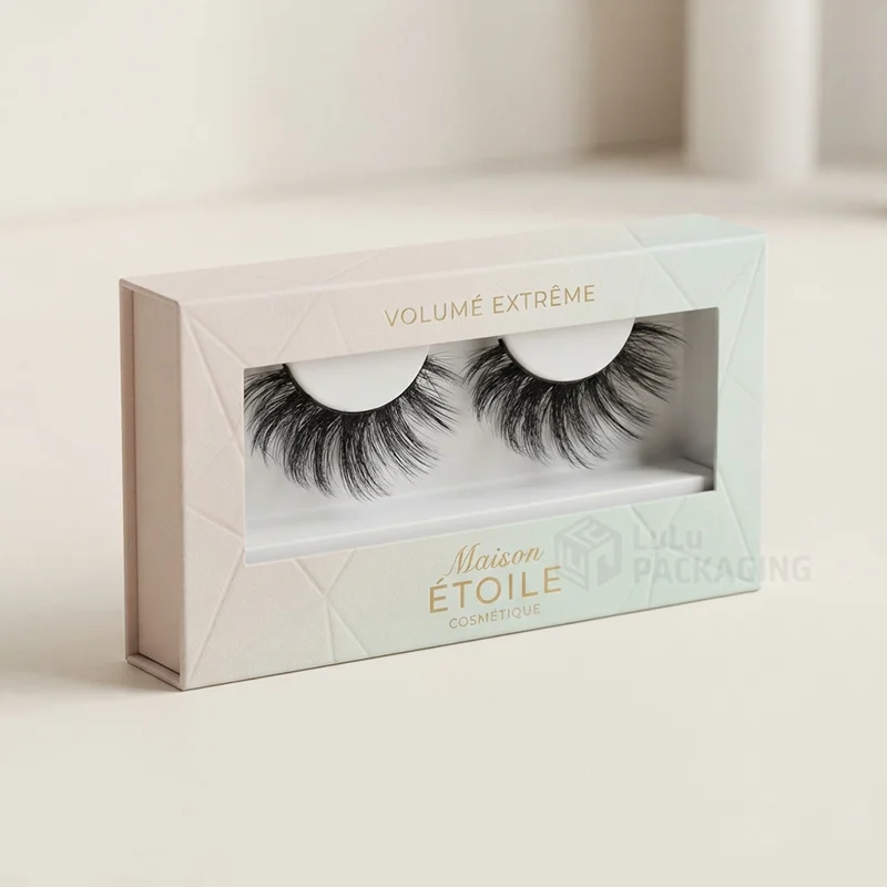 Pastel rigid lash extension box with a wide window showing a pair of lashes