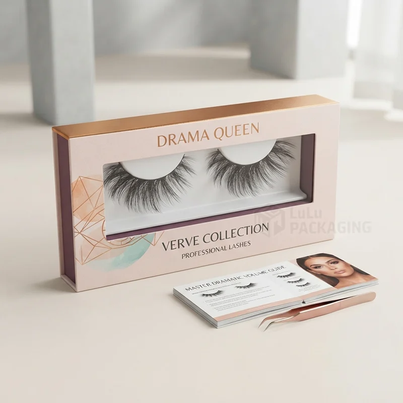 Window lash box with copper edges beside an instruction booklet and rose gold tweezers