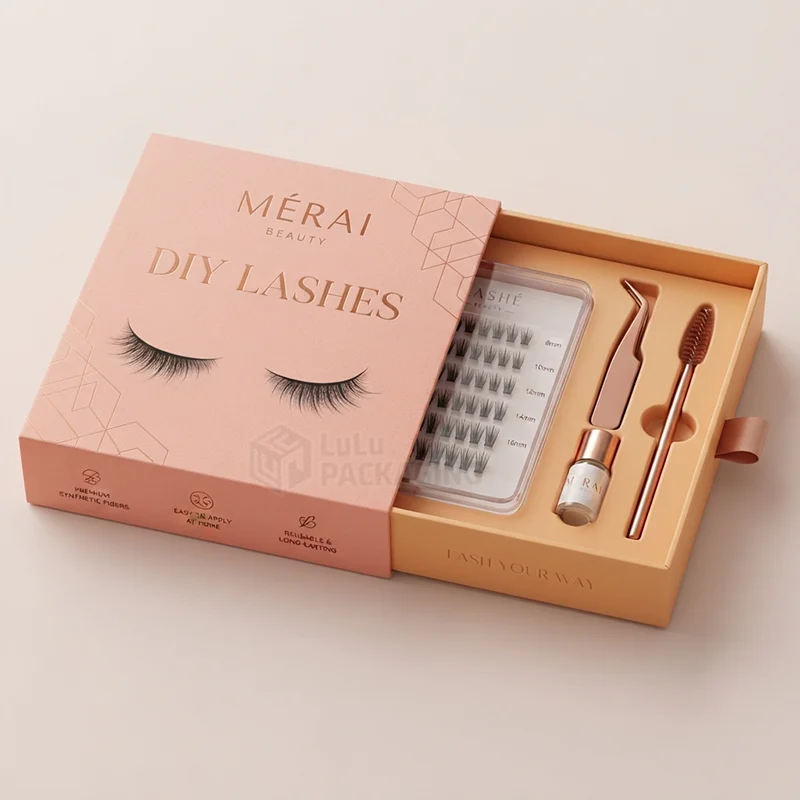 Peach drawer box with foil lashes print slid open to show clusters, glue, tweezers and spoolie