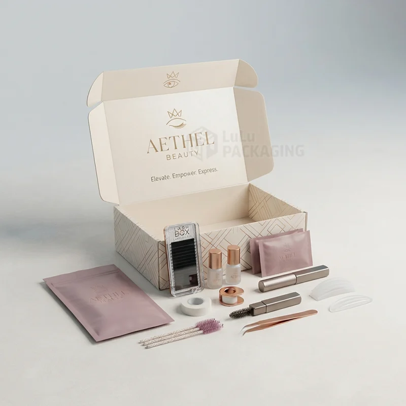 Printed mailer box with foil logo surrounded by lash trays, glue, pads and tools
