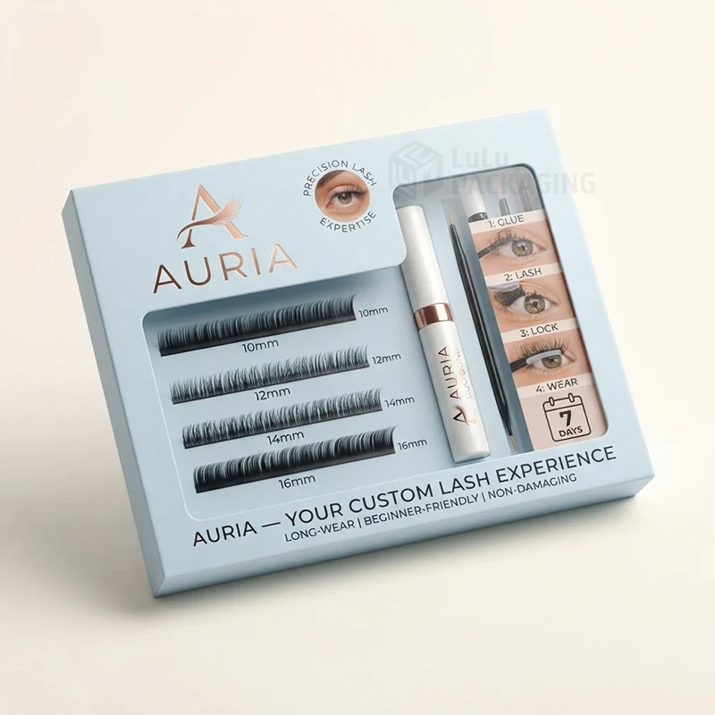 Pale blue lash kit box with windows showing lash strips, glue and a four-step guide