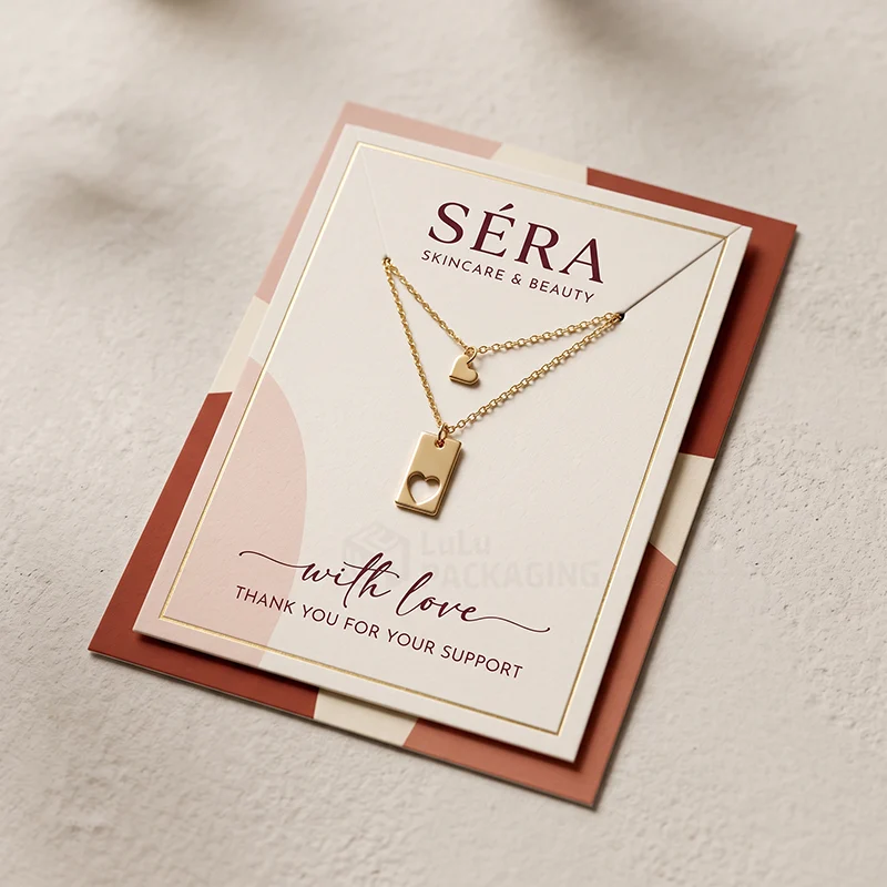 Necklace card with a layered gold heart necklace and a printed thank-you message