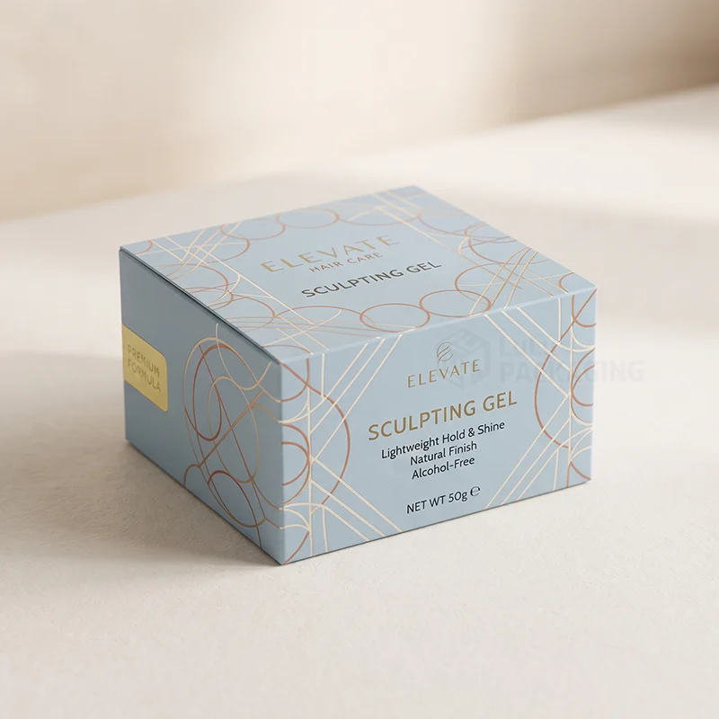 Light blue square hair gel box with rose gold foil line pattern