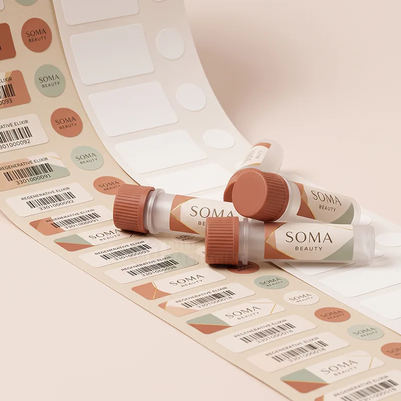 Frosted vials with terracotta caps and wrap labels lying on a roll of matching labels and barcodes
