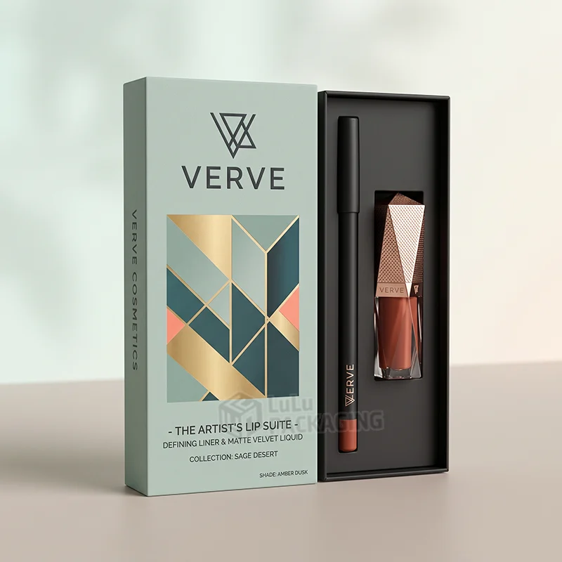 Sage green lip liner and liquid lipstick set box with a gold geometric panel, open to show a black pencil and a rose gold-capped gloss in a black tray.