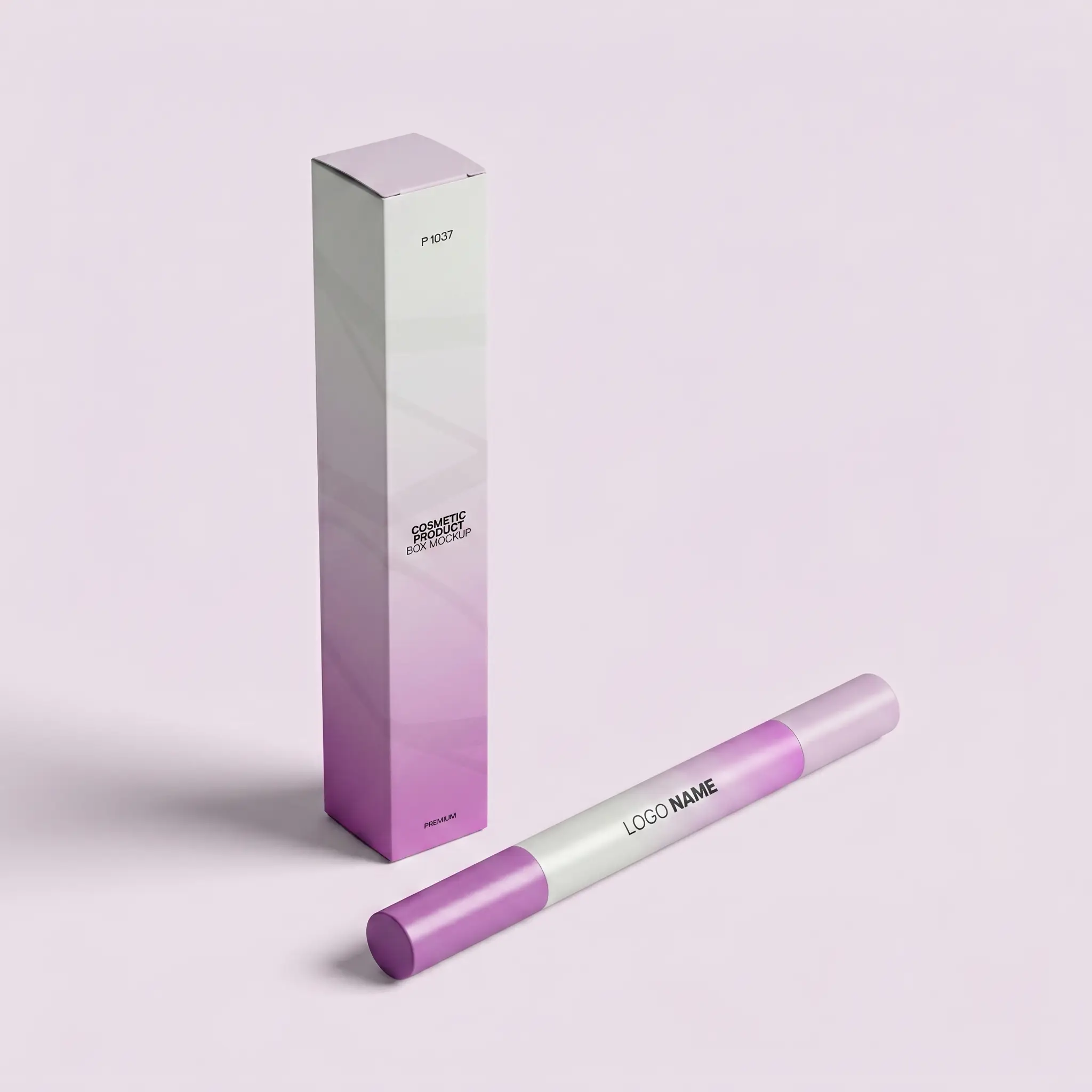 Tall gradient cosmetic box with matching lip product lying next to it on a soft pink background.